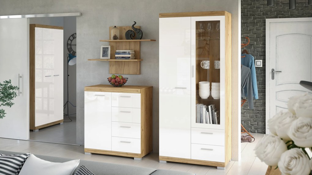 Mazzoni Comodă înaltă SIMPLE KWD2SZ2 Stejar Craft Auriu/Alb Luciu - VITRINĂ LIVING DULAP CU RAFTURI