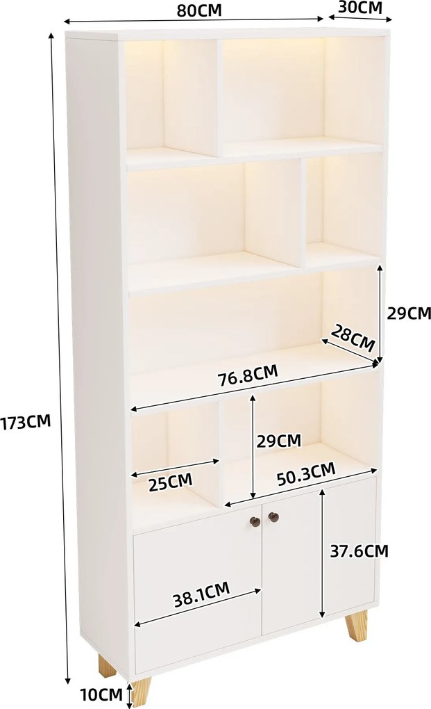 Bibliotecă cu iluminare ambientală LED cu schimbare de culoare, uși duble și mai multe rafturi, 80x30x173 cm, Alb