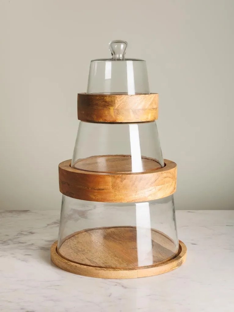 Set 3 tavi rotunde din lemn, cu capac din sticla, Stackable