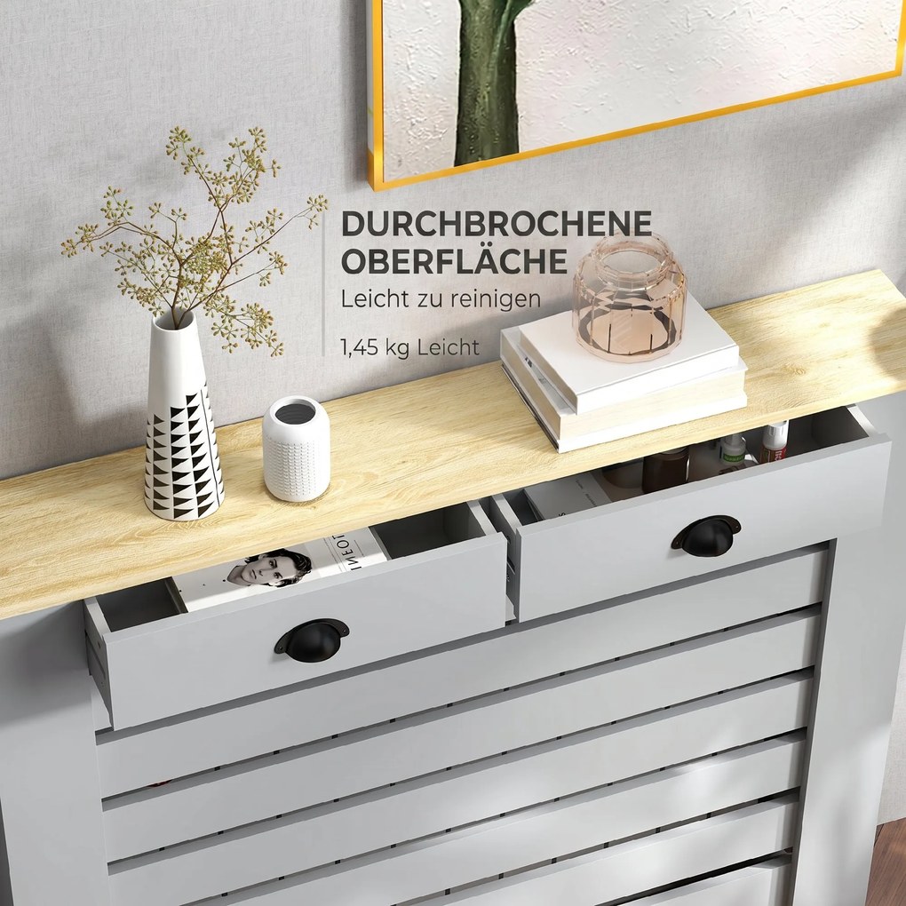 HOMCOM Acoperiș pentru calorifer din MDF cu doghe, cu 2 sertare, 111x19x95.5 cm, Gri | Aosom Romania