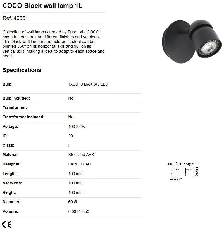 Aplica cu spot directionabil design minimalist COCO neagra