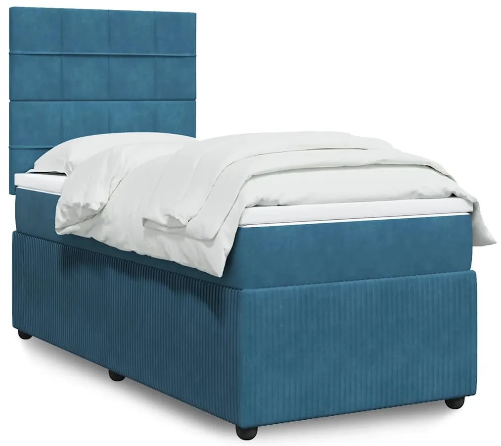vidaXL Pat box spring cu saltea, albastru, 100x200 cm, catifea