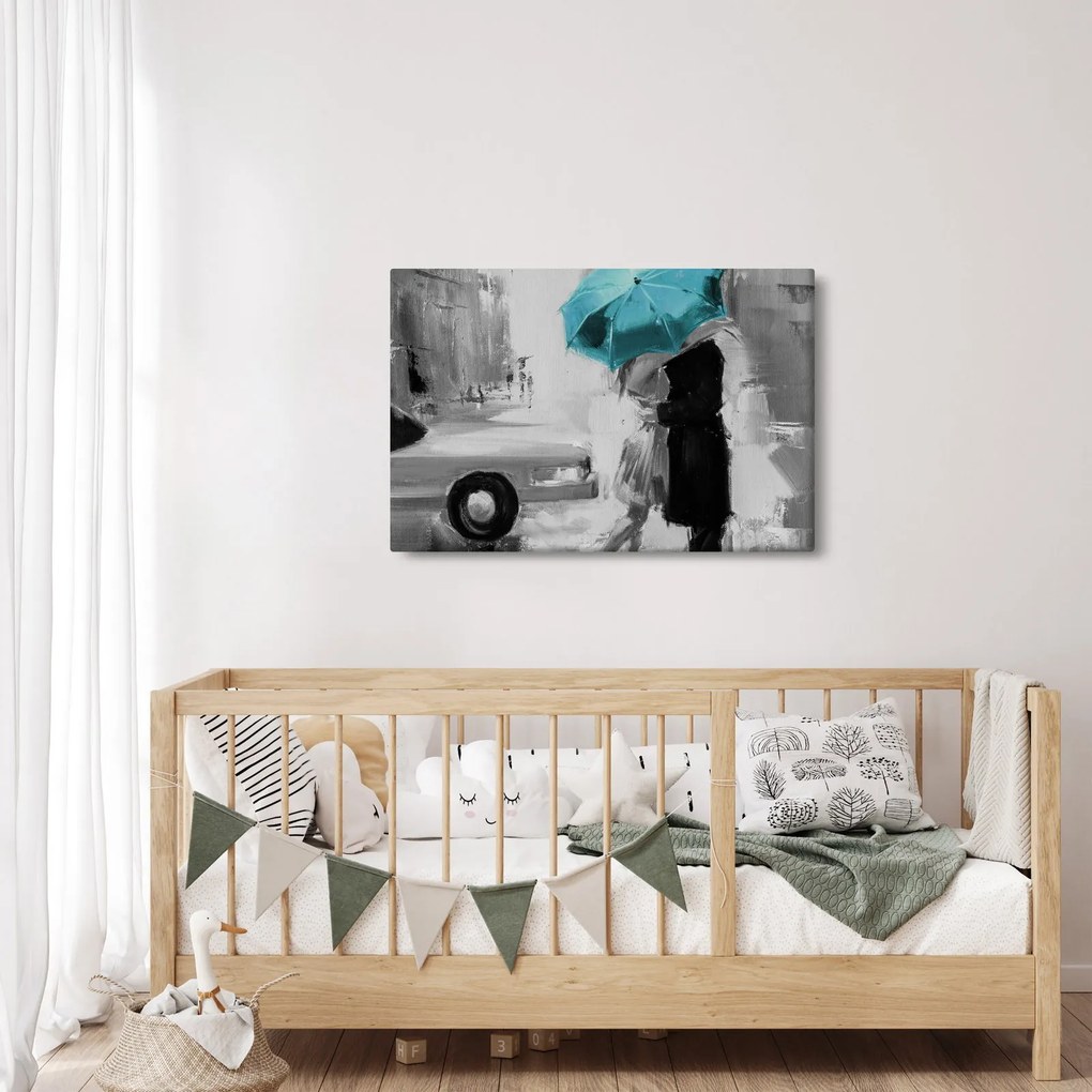 Tablou - Cuplu în dragoste cu umbrelă, albastru (90x60 cm)