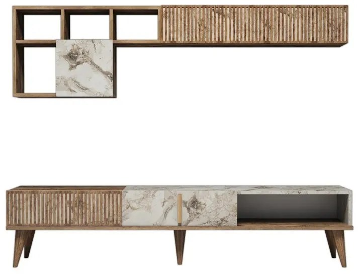 Mobilier Living Comoda si Rafturi Milan - Walnut, White Marble