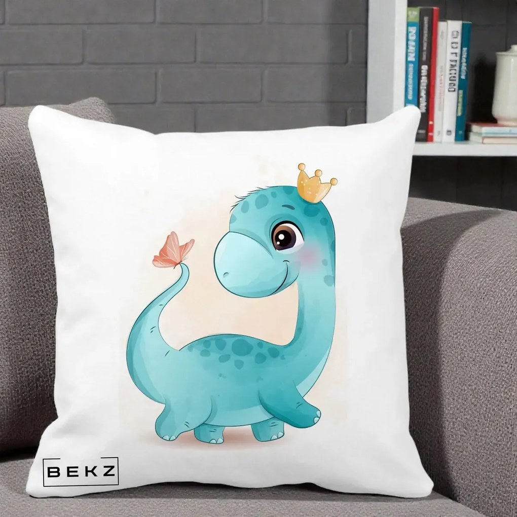Perna Personalizata Dinozaur Bland Coroana Kawaii, 40x40 cm, Alba Mata, Husa Detasabila, Perna Inclusa, BEKZ®