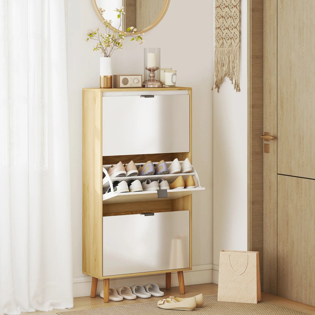 HOMCOM Dulap pentru pantofi, dulap îngust pentru pantofi, 3 sertare rabatabile, ușă înaltă lucioasă, 60x24x127cm, alb | Aosom Romania