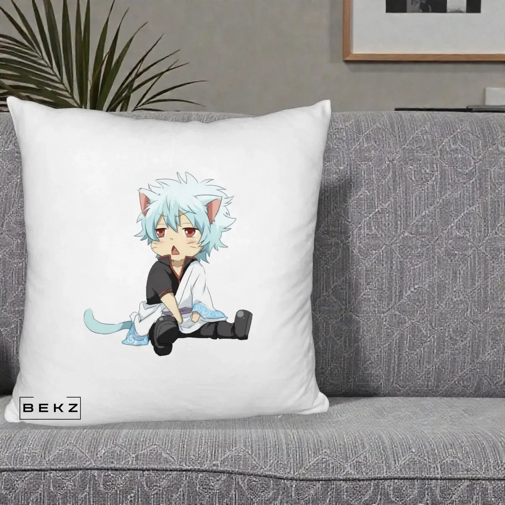 Perna Personalizata Gintama Gintoki Chibi Pisica, 40x40 cm, Alb Pufos, Husa Detasabila, Perna Inclusa, BEKZ®