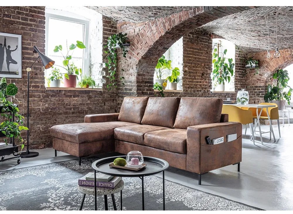 Colțar extensibil din imitație de piele cu șezlong pe partea stângă Miuform Lofty Lilly Vintage, maro