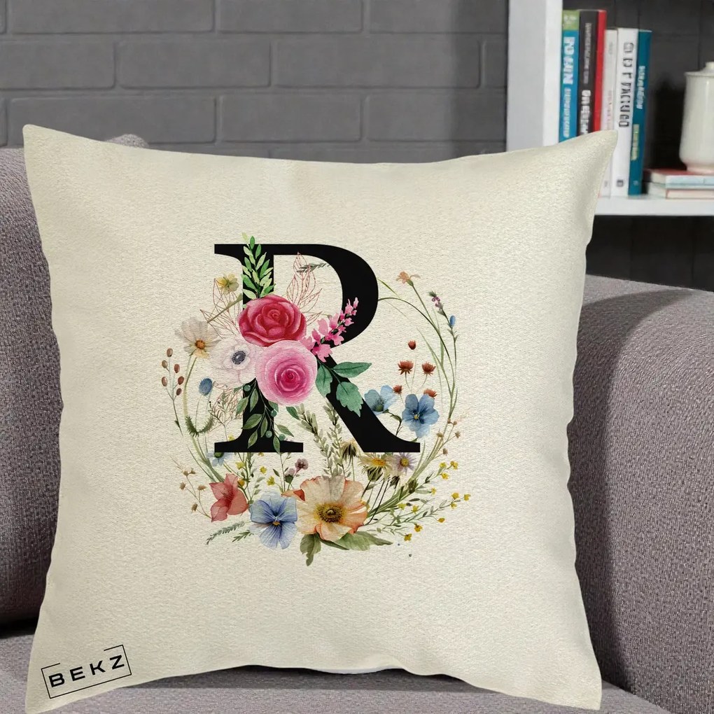 Cadou Personalizat - Perna Personalizata Monogram Litera R cu Flori Acuarela, 40x40 cm, Ecru, Husa Detasabila, Perna Inclusa, BEKZ®