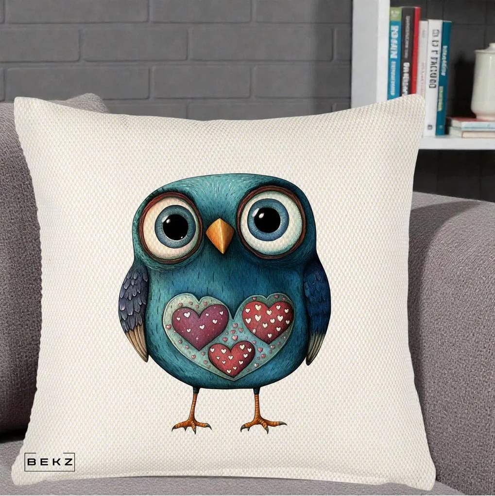 Perna Decorativa Bufnita Teal cu Doua Inimi, 40x40 cm, Crem Reliefat, Husa Detasabila, Perna Inclusa, BEKZ®