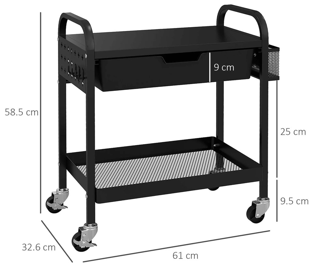 HOMCOM Cărucior de Bucătărie Multifuncțional cu Coș de Depozitare, Sertar Retractabil și 3 Cârlige, din PP, Design Modern | Aosom Romania