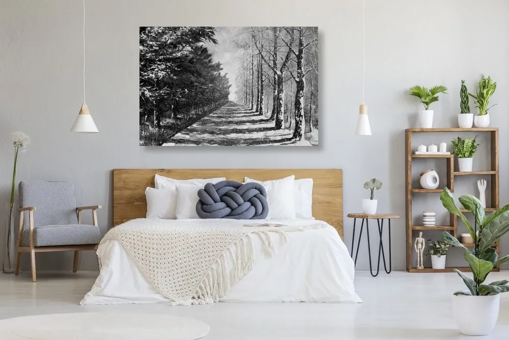 Tablou alee copacilor de toamnă în design alb-negru