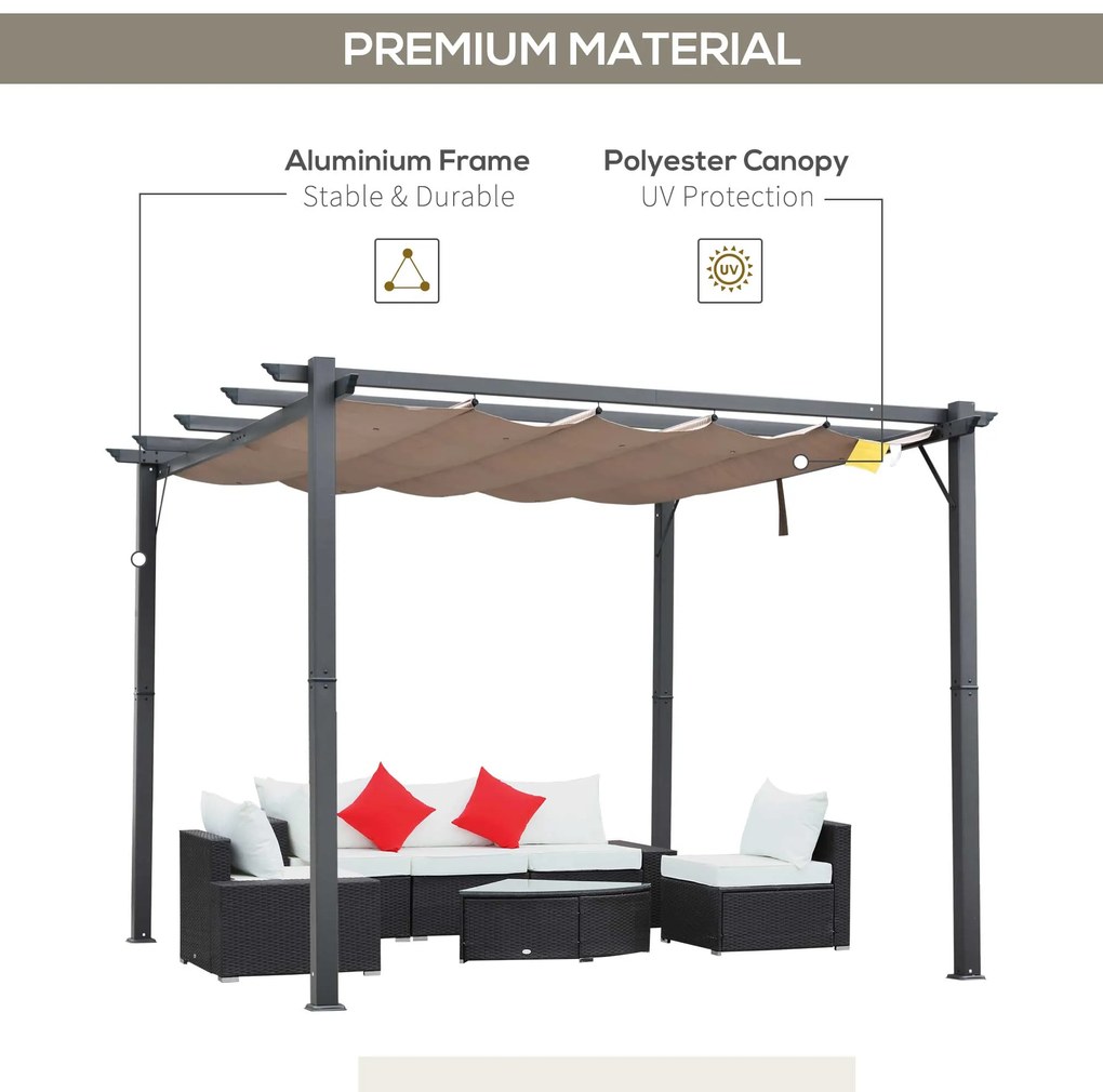 Outsunny Foisor Pergola de Gradina 3x3 m cu Acoperis Retractabil, Pergola din Aluminiu cu Acoperis Retractabil Anti UV, Gri