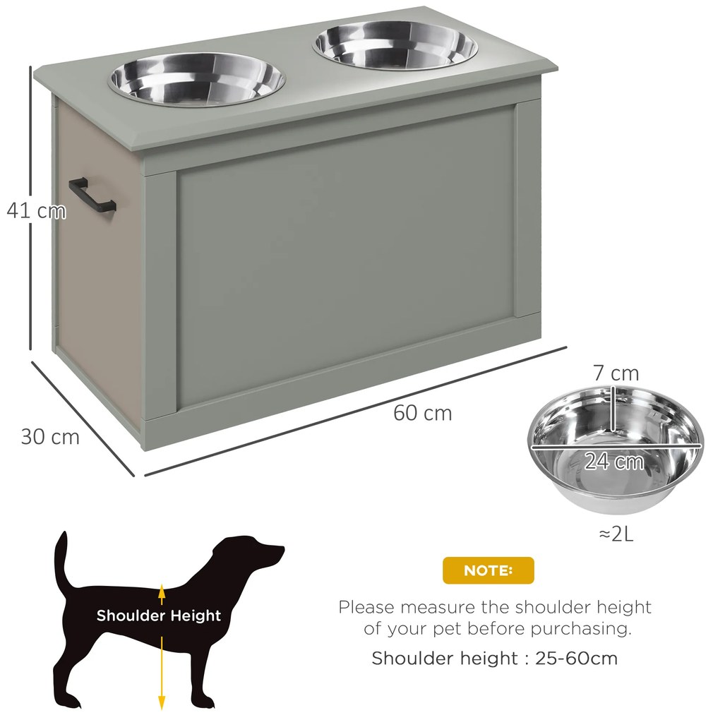 PawHut Boluri ridicate pentru câini bol dublu câine pisică Suport pentru boluri ridicat dim. 60L x 30W x 41H cm 2 boluri 2L mânere compartiment lemn gri | Aosom Romania