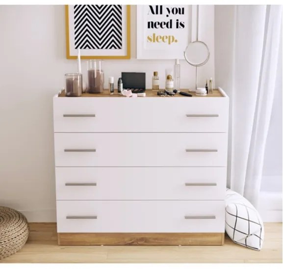 Comoda Tentro Cu 4 Sertare, Stejar Alb Si Stirling, 100 Cm