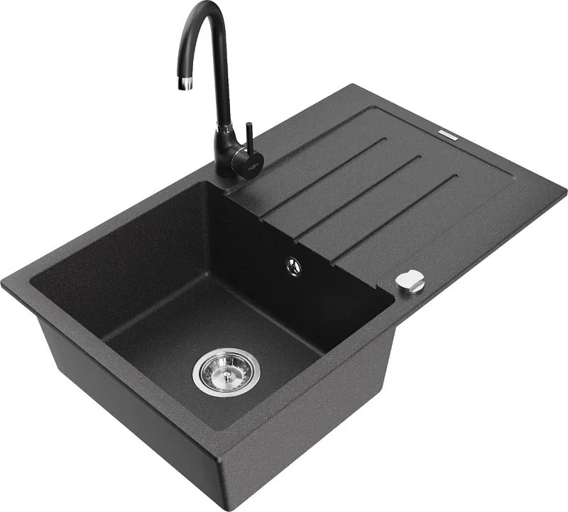 Mexen Bruno chiuvetă de bucătărie din granit cu 1 cuvă cu picurător și baterie Telma, negru cu pete - 6513-76-670200-70