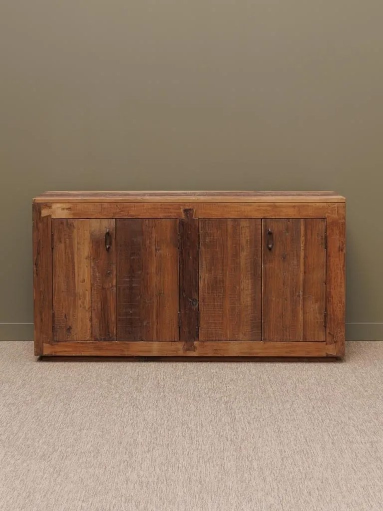 Bufet rustic din lemn reciclat și metal, natur, cu 4 uși, mânere din metal și îmbinări în coadă de rândunică, 87 x 163 x 44 cm, „Rochehau”