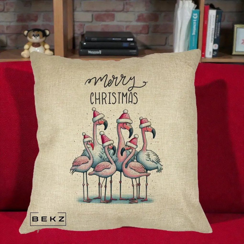 Perna Decorativa Flamingo Merry Christmas, 40x40 cm, Crem, Husa Detasabila, Perna Inclusa, BEKZ®