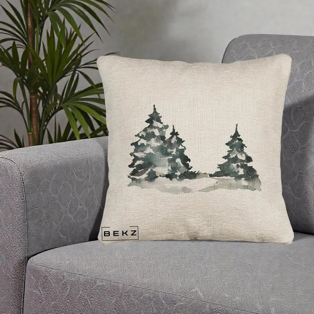 Perna Decorativa Brazi Inzapeziti Acuarela, 40x40 cm, Bej Canapea, Husa Detasabila, Perna Inclusa, BEKZ®