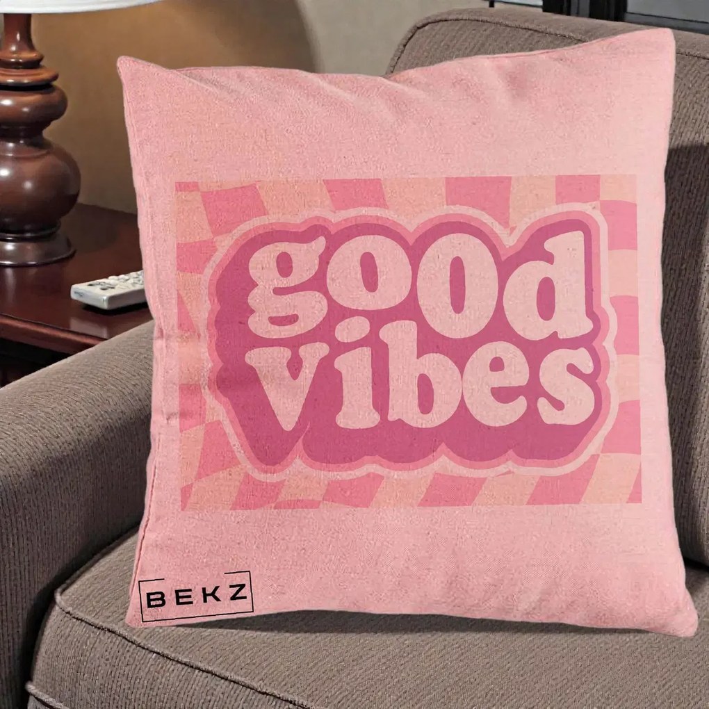 Perna Decorativa Good Vibes Retro Roz, 40x40 cm, Roz, Husa Detasabila, Perna Inclusa, BEKZ®
