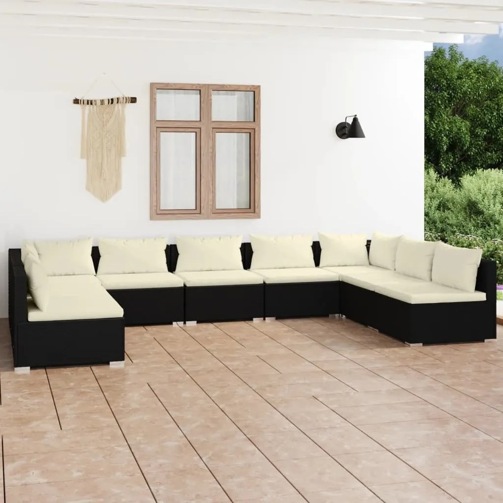 Set mobilier de gradina cu perne, 9 piese, negru, poliratan