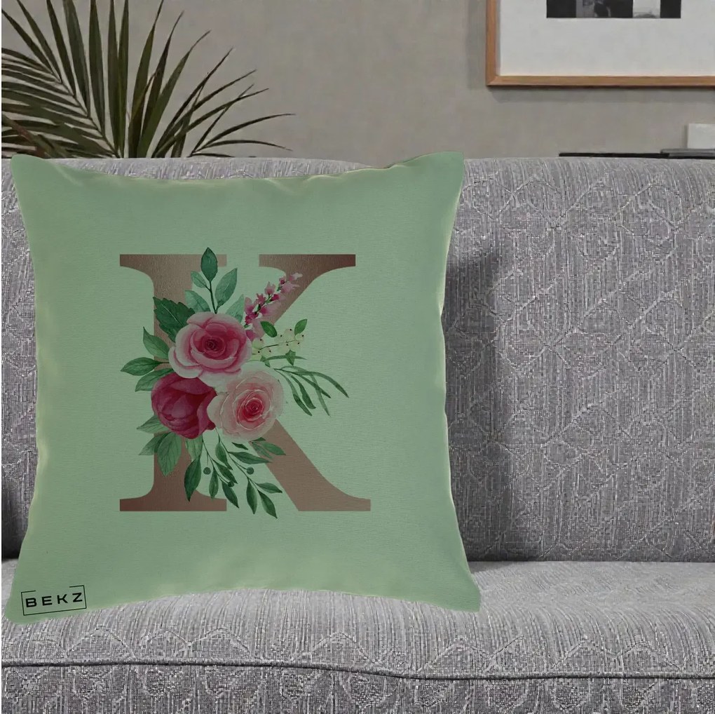 Cadou Personalizat - Perna Personalizata Monograma Rose Gold Litera K, 40x40 cm, Verde, Husa Detasabila, Perna Inclusa, BEKZ®