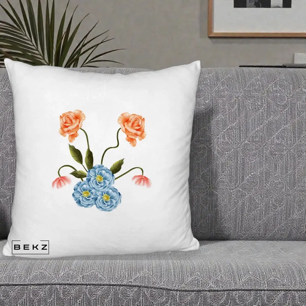 Perna Decorativa Trandafiri si Bujori Acuarela, 40x40 cm, Alb Pufos, Husa Detasabila, Perna Inclusa, BEKZ®