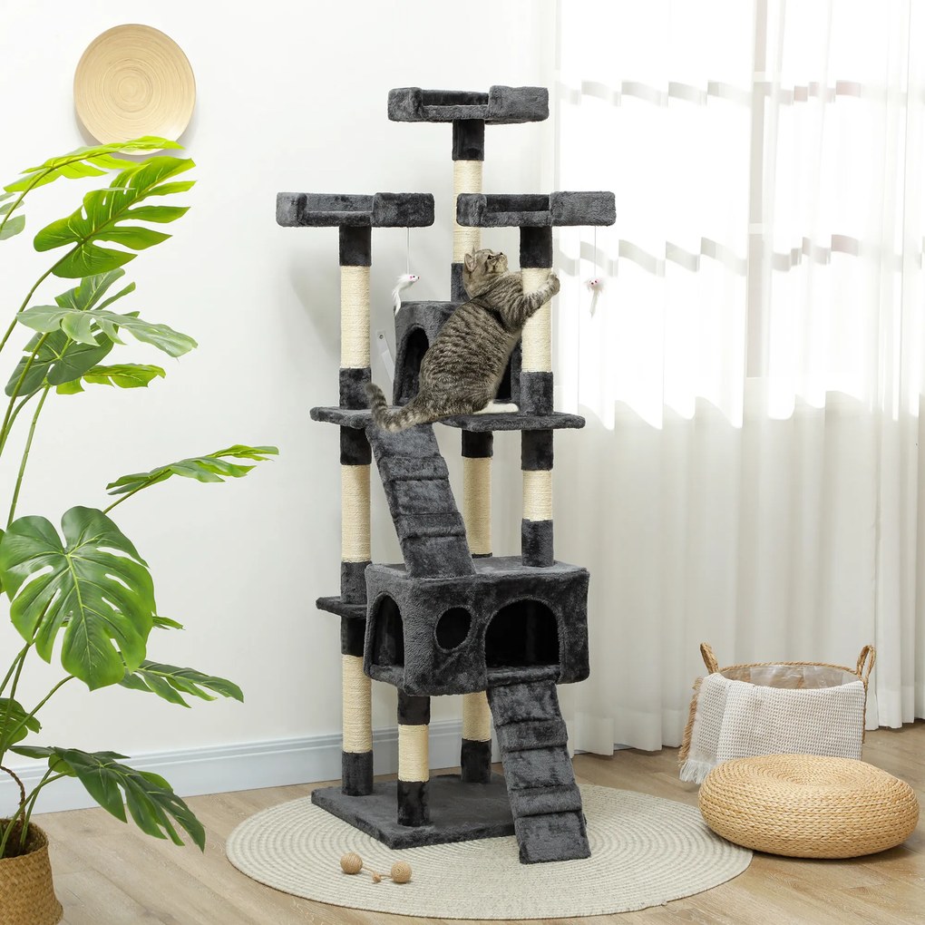 PawHut Albero Tiragraffi per Gatti con Due Cucce in Peluche e Sisal, Grigio, 50x50x170cm