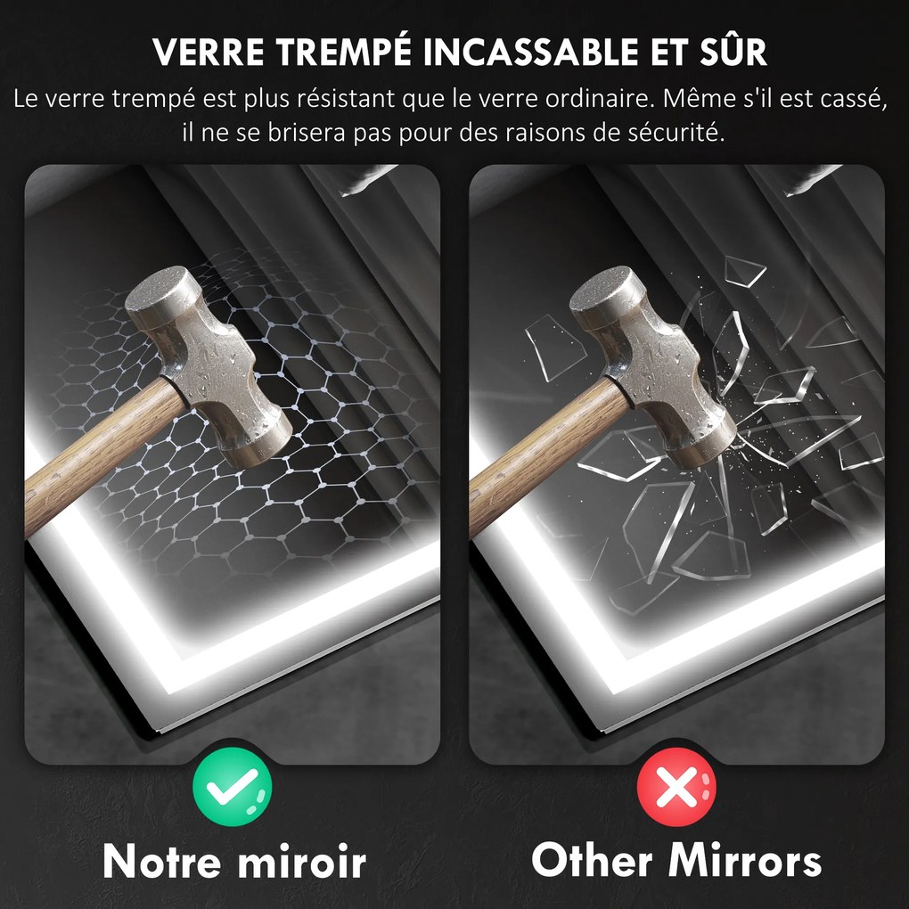 HOMCOM Oglindă baie LED bluetooth 80 x 100 cm întrerupător tactil lumină reglabilă 3 culori anti-ceață memorie argintiu | Aosom Romania