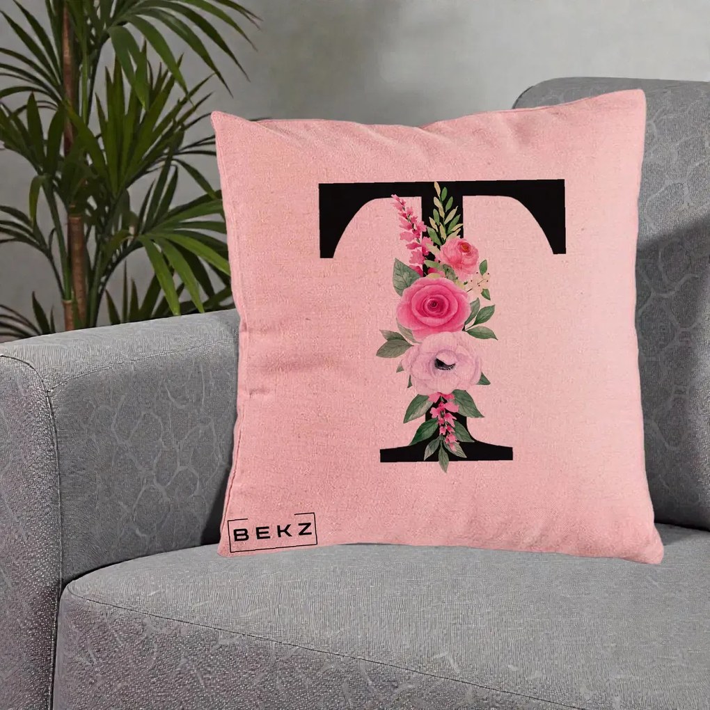 Cadou Personalizat - Perna Personalizata Monograma Florala Litera T, 40x40 cm, Roz, Husa Detasabila, Perna Inclusa, BEKZ®