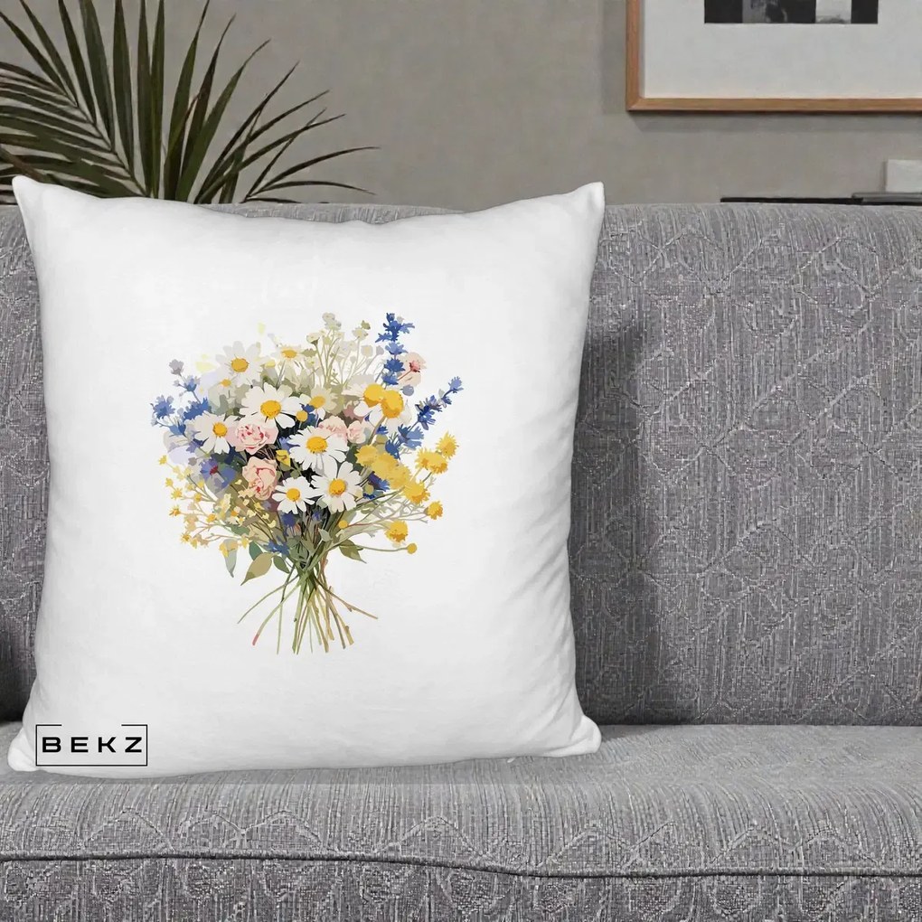 Perna Decorativa Buchet Camp Acuarela Margarete-Lavanda, 40x40 cm, Alb Pufos, Husa Detasabila, Perna Inclusa, BEKZ®