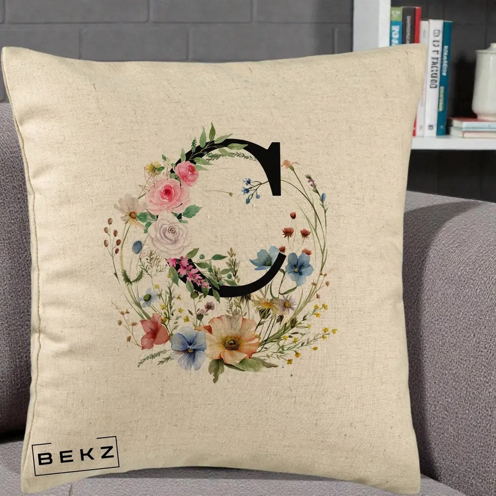 Cadou Personalizat - Perna Personalizata Monogram Litera C cu Flori Acuarela, 40x40 cm, Bej, Husa Detasabila, Perna Inclusa, BEKZ®