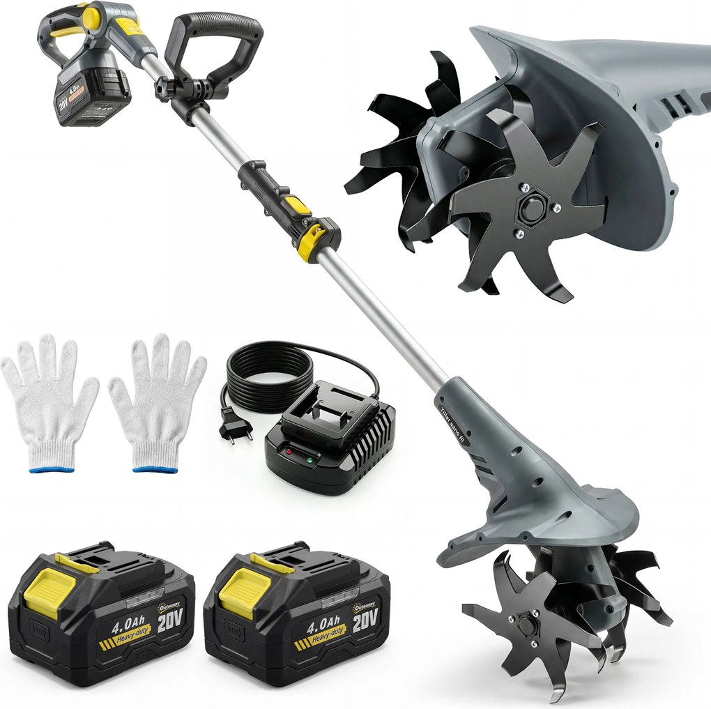 Outsunny Motocultor fără fir, Rotavator electric 18V cu 2 baterii 4000mAh, încărcător, lățime de lucru 20 cm Gri | Aosom Romania