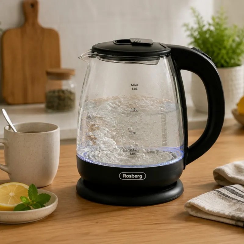 Cana electrica Rosberg R51230AE, 1500 W, 1,8 l, Element de incalzire incorporat, Sticla, Indicator, Negru