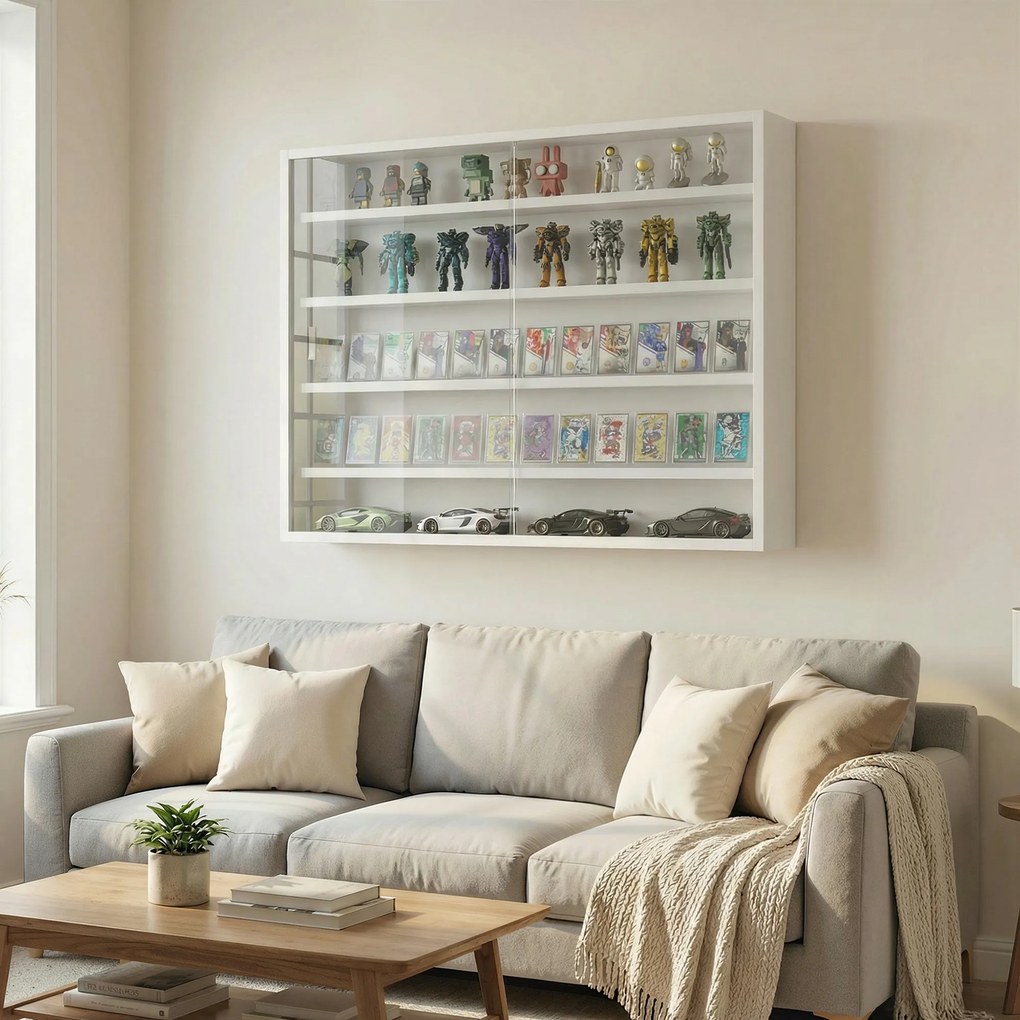 HOMCOM Vitrină de perete din lemn cu polițe reglabile și 2 uși glisante din sticlă 80x9,5x60 cm alb | Aosom Romania