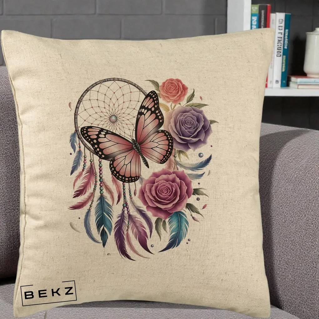 Perna Personalizata Prinzator de Vise cu Fluture si Trandafiri, 40x40 cm, Bej, Husa Detasabila, Perna Inclusa, BEKZ®