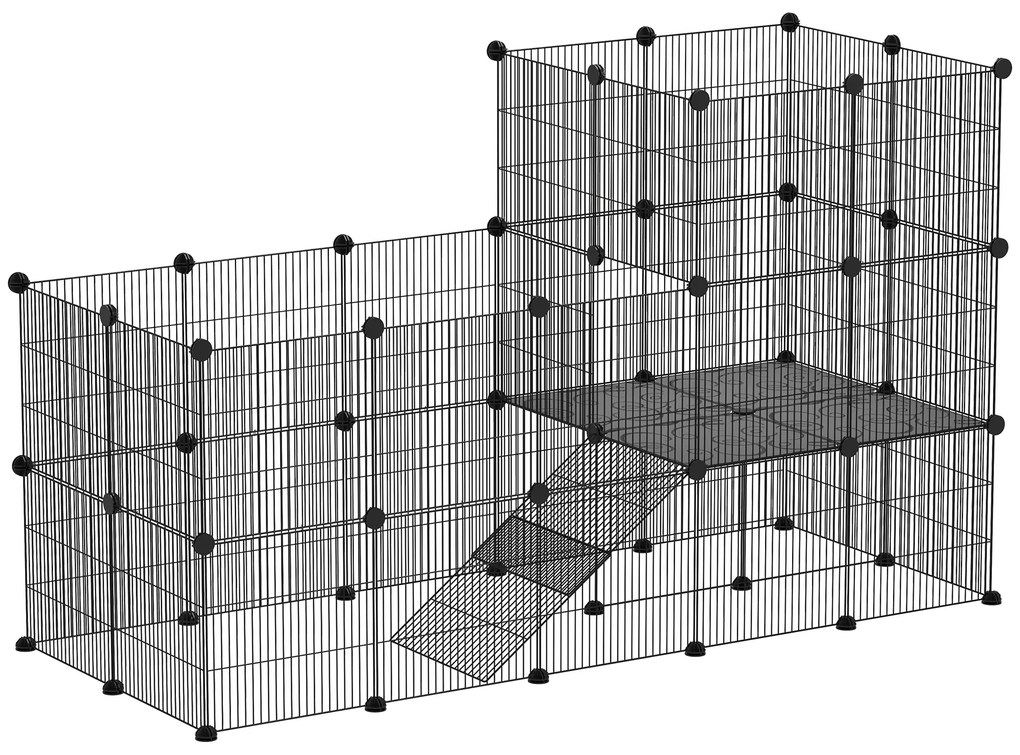 PawHut Țarc Modular pentru Animale de Companie de Talie Mică, cu 39 de Panouri și Accesorii, 140x70x105 cm, Negru | Aosom Romania