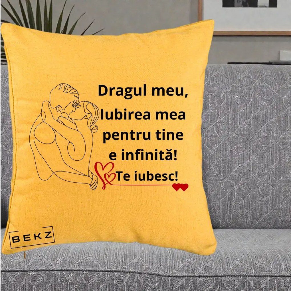 Cadou pentru Iubit - Perna Personalizata Dragul Meu Iubirea Mea pentru Tine e Infinita Te Iubesc, 40x40 cm, Galben, Husa Detasabila, Perna Inclusa, BEKZ®