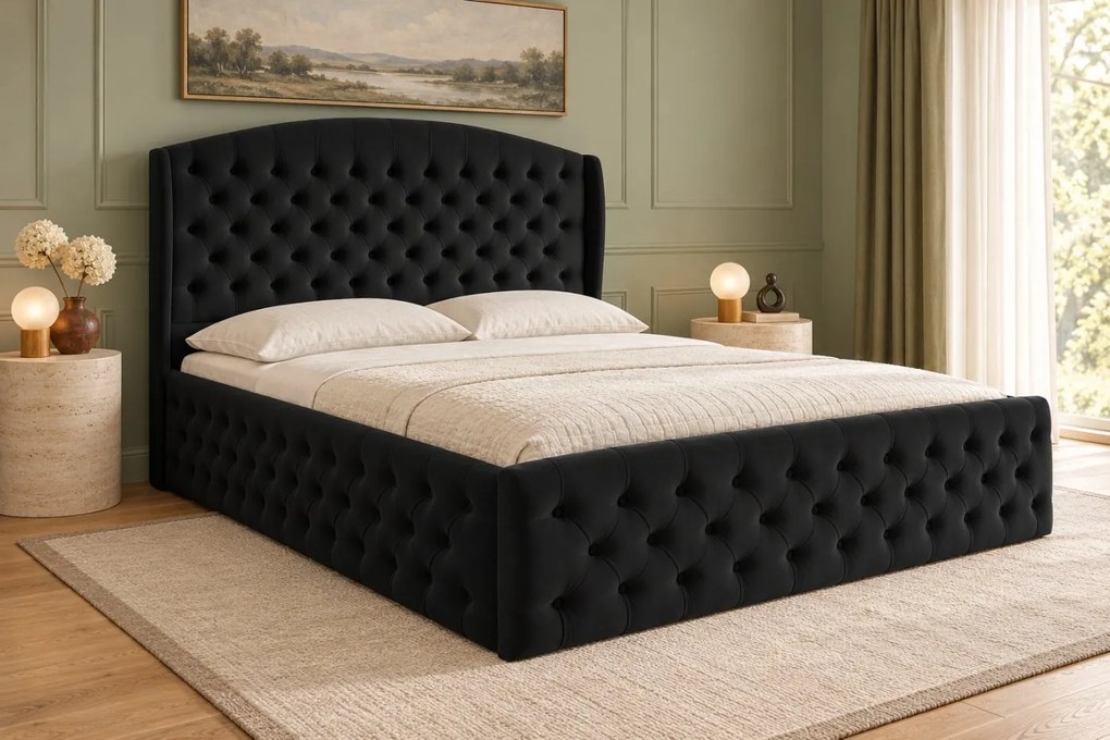Pat tapițat Lunara Deluxe 140×200 cm, negru, cu ladă de depozitare