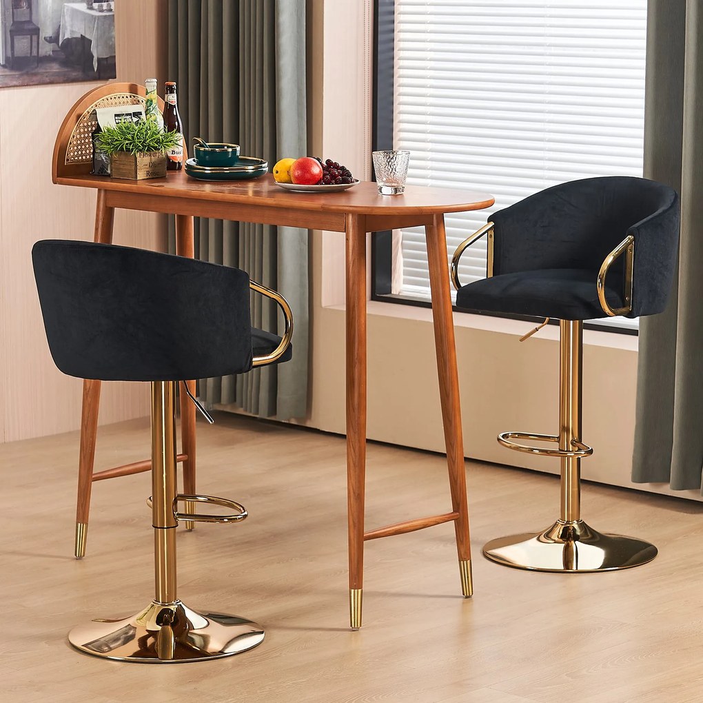Set de 2 scaune de bar moderne, rotative și reglabile pe înălțime, cu spătar și suport pentru picioare auriu, pentru bucătărie, bar și tejghea de restaurant, Negru