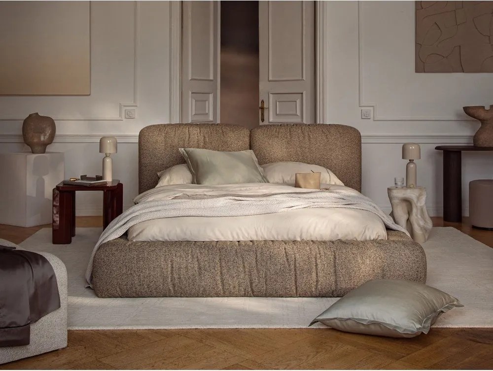 Pat matrimonial gri deschis tapițat cu spațiu de depozitare cu somieră 160x200 cm Martina – Micadoni