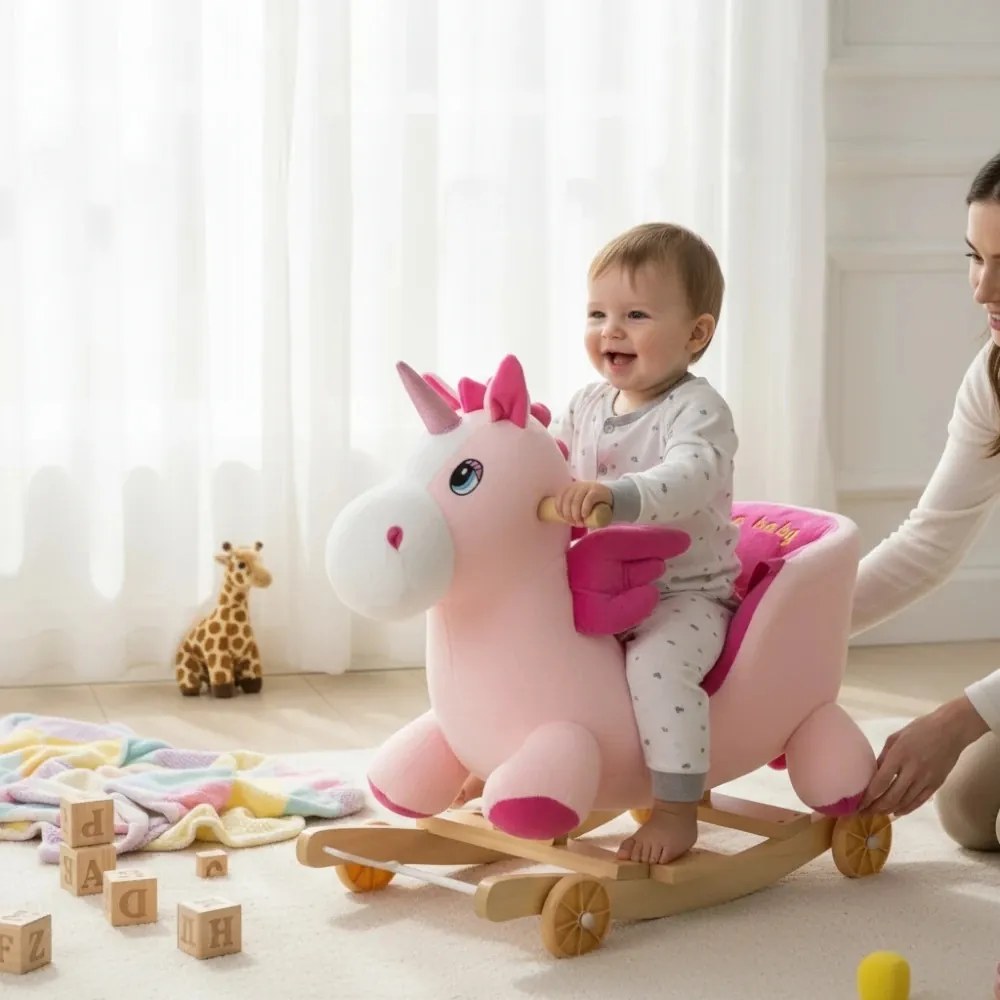 Balansoar Muzical 2 in 1 din Plus cu Roti, NOVOKIDS™ Happy Bouncer Unicorn, Dimensiuni 58x50x30 cm, model Unicorn Roz