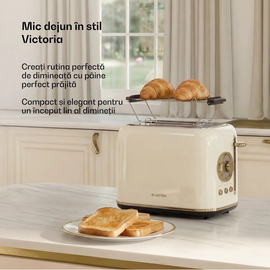 Klarstein Victoria prăjitor de pâine | prăjitor cu 2 fante | 800 W | 7 niveluri de rumenire | suport pentru chifle