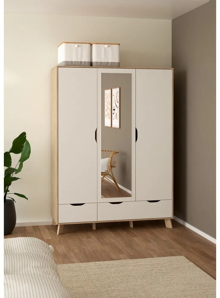 Șifonier alb-în culoare naturală cu aspect de lemn de stejar cu oglindă 147x201x58 cm Ikast – Tvilum