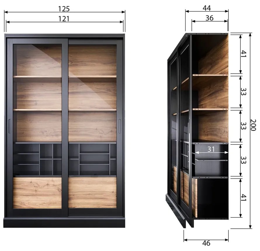 Vitrină neagră/în culoare naturală din lemn de pin cu ușă glisantă 125x200 cm James – WOOOD