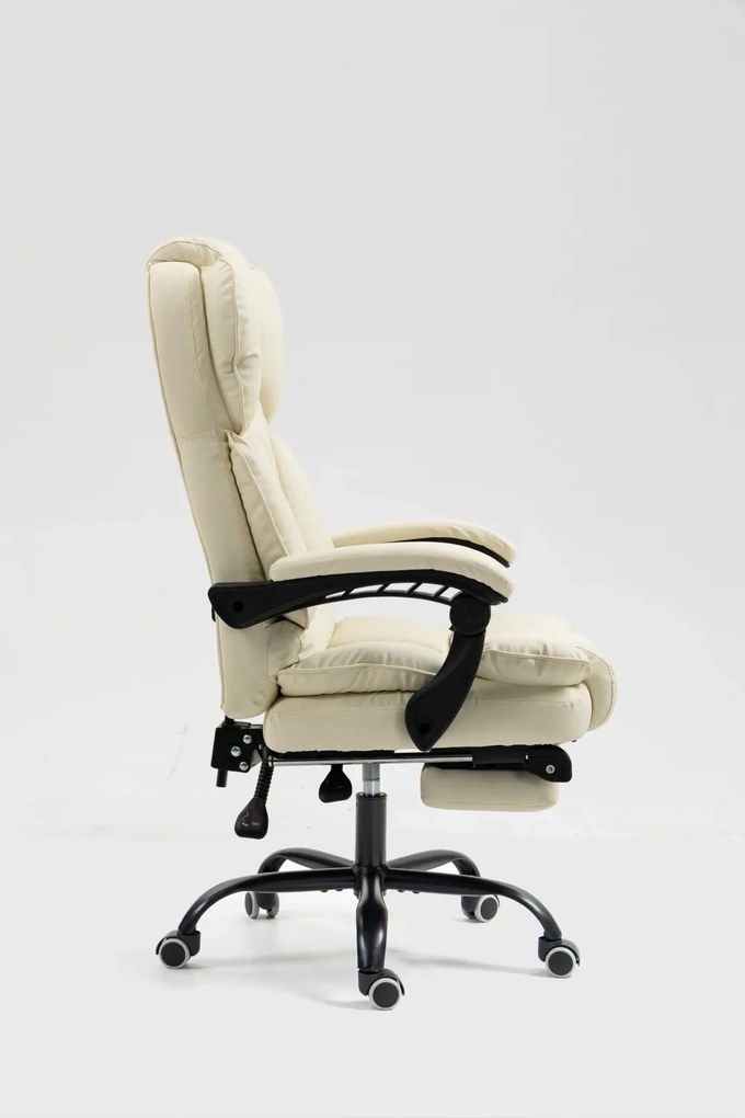 Scaun directorial, cu Masaj și Încălzire, suport picioare, funcție sezlong, piele PU, Ivory