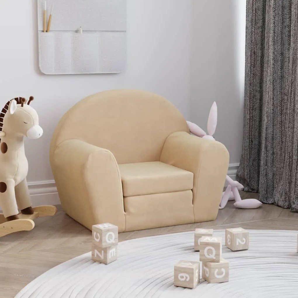 341776 vidaXL Canapea extensibilă pentru copii, crem, pluș moale