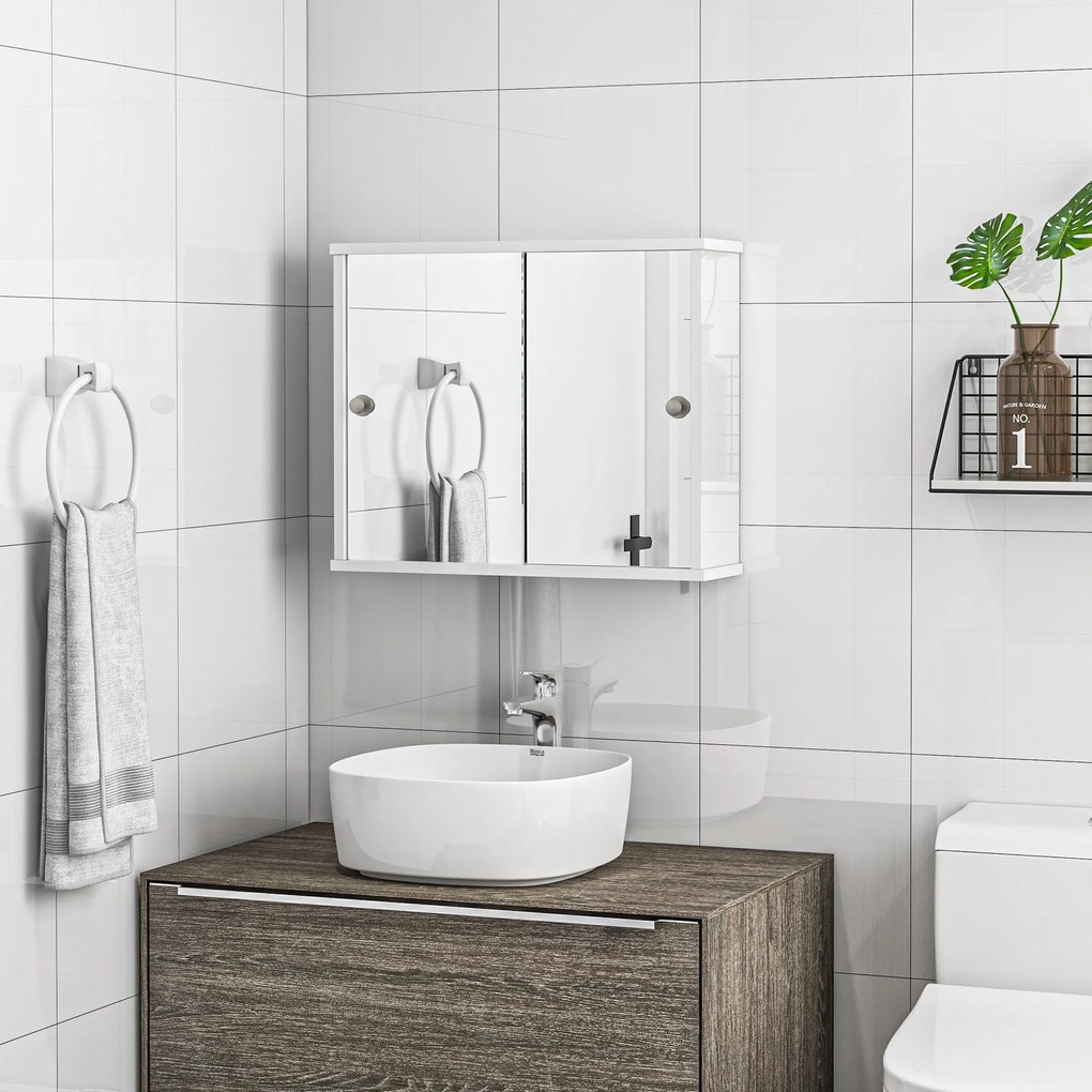 kleankin Dulap cu Oglindă de Perete cu Poliță Reglabilă și Ușă Glisantă Dublă pentru Lavoar 55x15x45 cm Alb Lucios | Aosom Romania