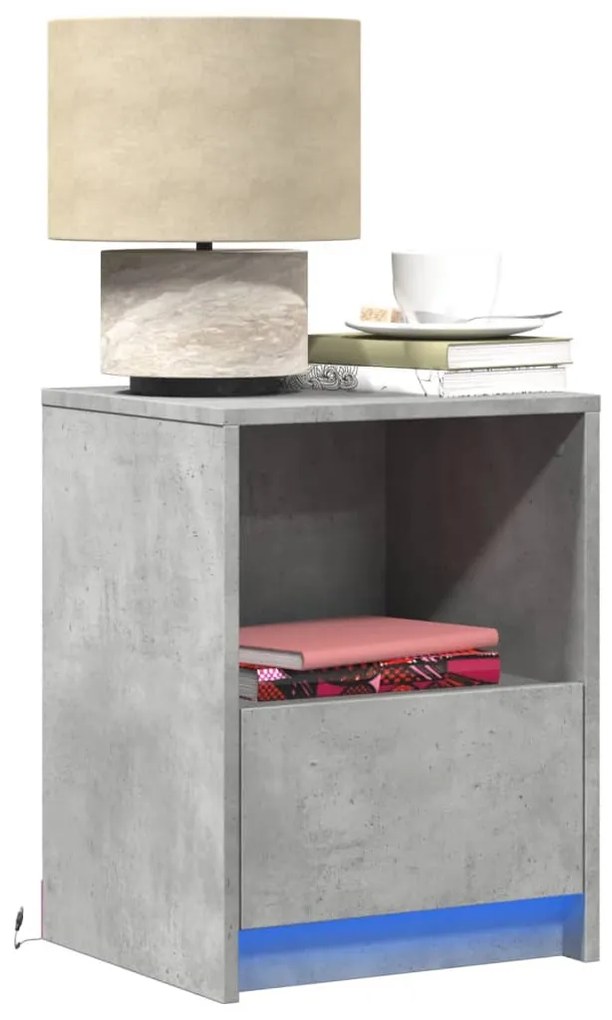 vidaXL Noptiere cu lumini LED, 2 buc., gri beton, lemn prelucrat