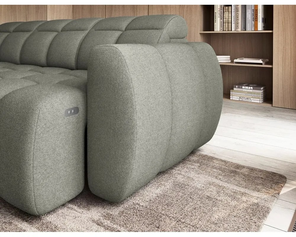 Colțar verde prăfuit extensibil/cu spațiu de depozitare cu tapițerie din țesătură bouclé (cu colț pe partea stângă/în formă de ”L”) Falconn – ELTAP